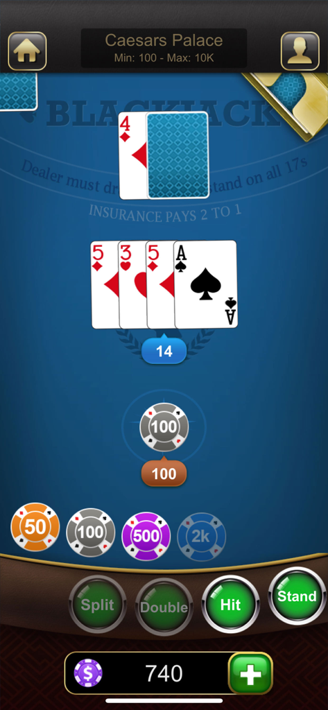 Interface de jeu de Blackjack Classique sur mobile montrant une main de cartes totalisant quatorze à une table virtuelle du Caesars Palace.