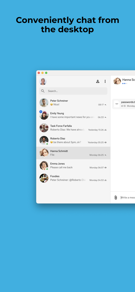 A screenshot of the Threema Work desktop app interface showing a list of professional contacts and an active chat window