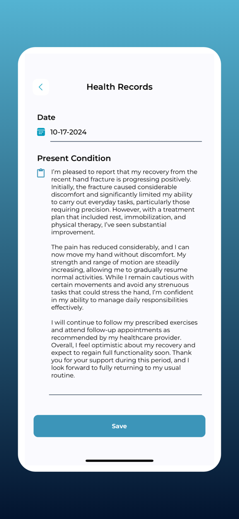 A detailed health record entry in the MY JOURNAL MED app documenting recovery progress from a hand fracture.