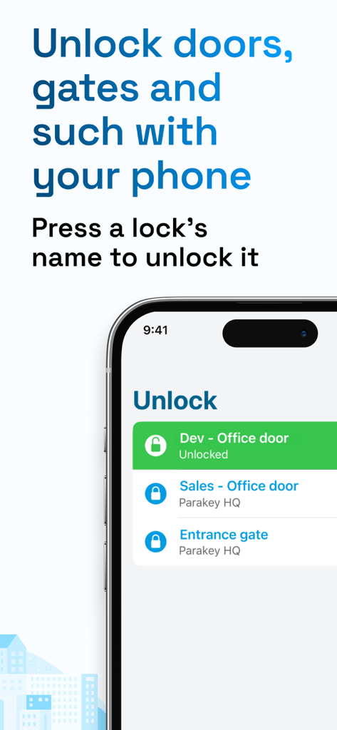 Parakey - Parakey app interface showing digital keys for office doors and entrance gates on a smartphone