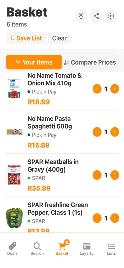 Screenshot of the Grocify app showing a shopping basket with grocery items and prices from Pick n Pay and SPAR