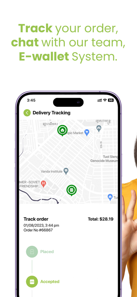Delishop Asia - Delishop Asia app delivery tracking interface showing map and order status