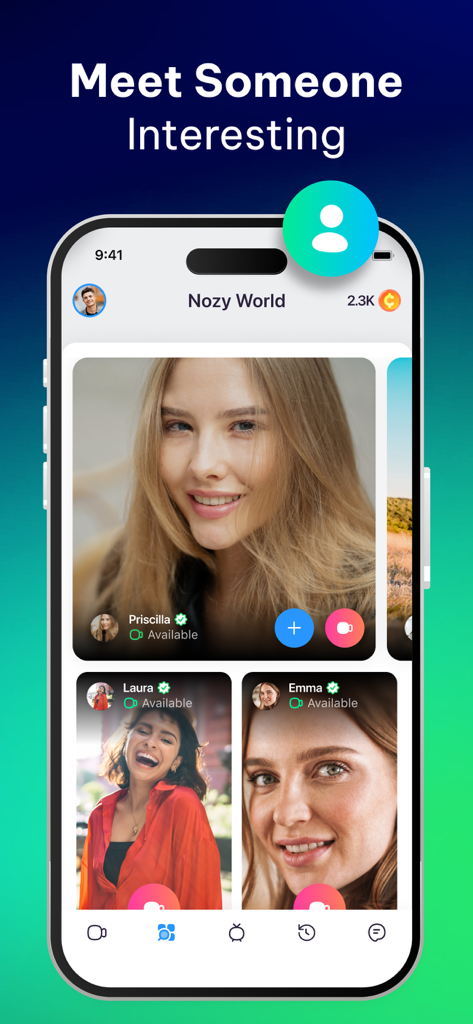 Nozy app interface showing profiles of people available for live video chat and streaming.