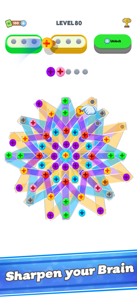 Screw Jam:  Puzzle Challenge - Gameplay screenshot of Screw Jam Puzzle Challenge showing level 80 with colorful nuts and bolts