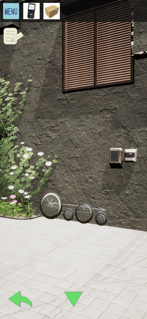 Want to Deliver the Luggage - Uma cena de quebra-cabeça de jogo de fuga aconchegante apresentando rodas de bicicleta de tamanhos diferentes e um arbusto de flores contra uma parede de pedra.