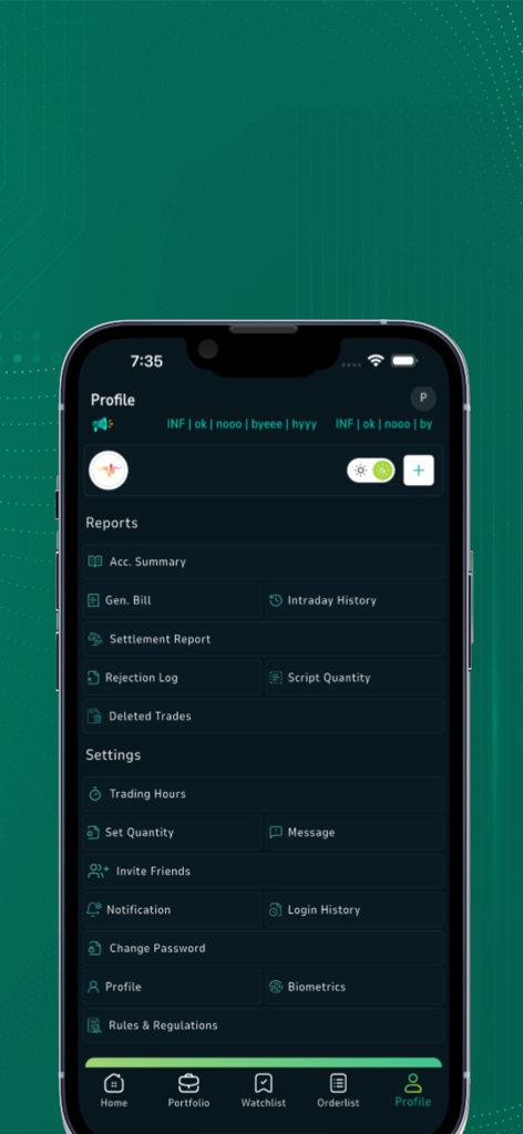 Flix Live - Flix Live app profile screen showing account reports and user settings in a dark theme interface