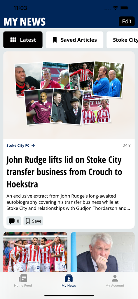 Stoke-on-Trent Live app interface showing the My News section with football sports articles and team news