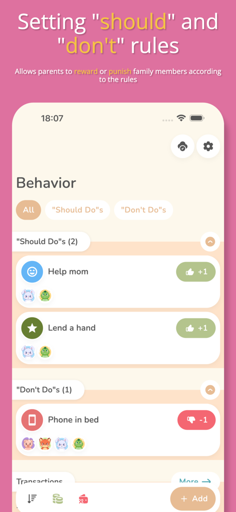 Family Rewards: Chore Chart - Screenshot of the Family Rewards app behavior management interface showing positive and negative point rules for kids chores