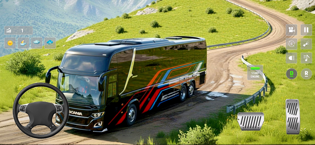 Trip Bus Simulator - Bus Games - Um ônibus turístico preto dirigindo em uma estrada de montanha cênica sinuosa em um jogo de simulador de ônibus.