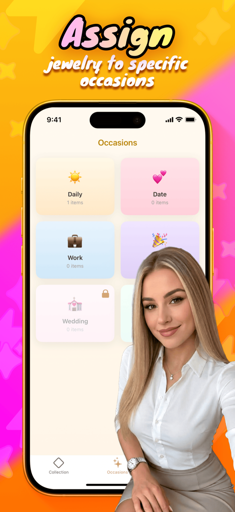 Jorvi - Collect & Connect - Jorvi app screen for assigning jewelry to occasions like daily, work, and wedding.