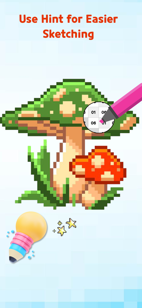 Pixel Art: Paint by Number - Interfaccia di colorazione pixel art che mostra un fungo che viene colorato per numero utilizzando uno strumento di suggerimento zoom