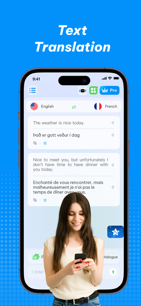 Una pantalla de teléfono inteligente que muestra la interfaz de traducción de texto de AI Translator Pro con ejemplos de traducción de inglés a francés.