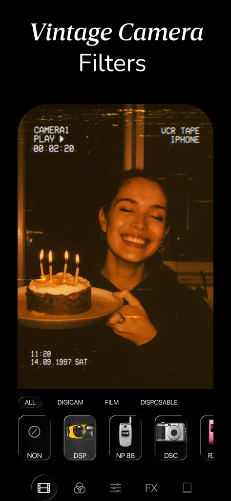 Radcam app interface showing vintage camera filters with a retro VHS style photo of a girl holding a birthday cake.