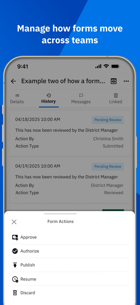 Workcloud My Work - Zebra Workcloud My Work app screen displaying form history and a menu for management actions.