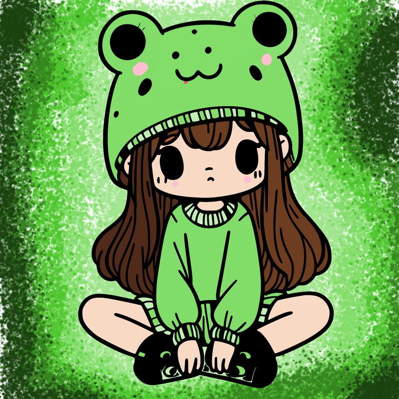 a girl wearing a frog hat and some frog socks