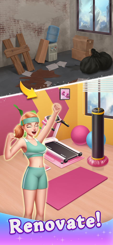 Before and after transformation of a dirty room into a bright home gym