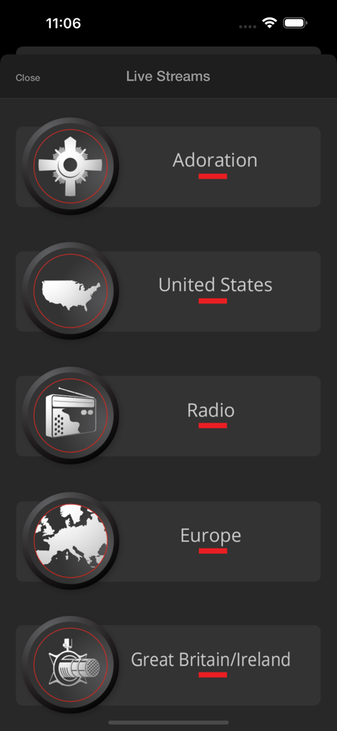 EWTN - EWTN 모바일 앱 인터페이스, Adoration 및 Radio 옵션이 있는 라이브 스트림 메뉴 표시