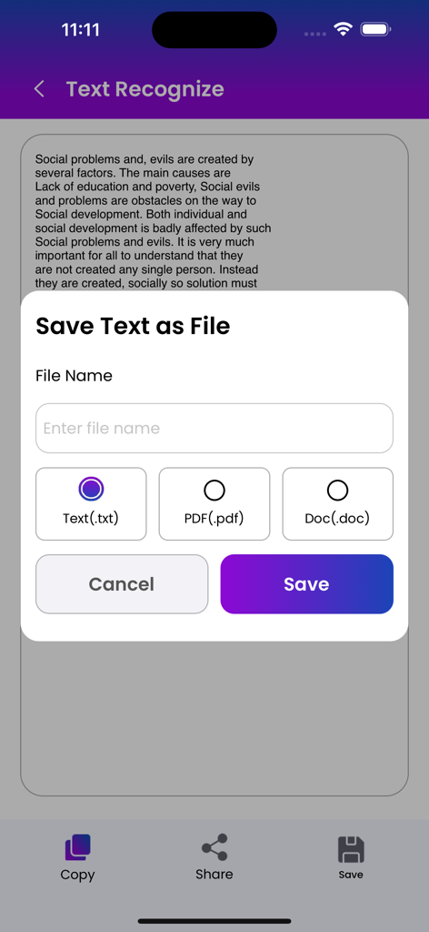 Image to Text Scanner OCR Scan - Interfaz de aplicación móvil que muestra una ventana emergente para guardar el texto escaneado como archivo TXT, PDF o DOC.