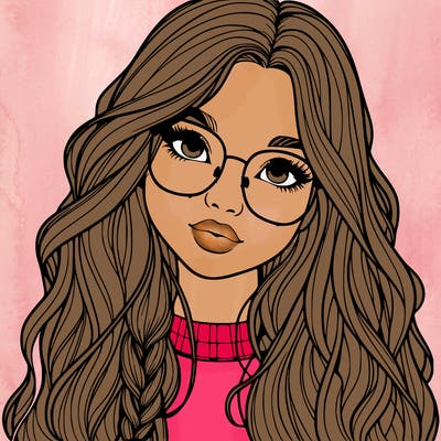 girl with long hair and freckles and glasses realistic