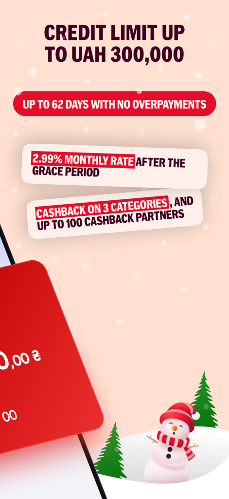PUMB - Online Bank 24/7 - Promotional banner for PUMB bank credit limit of 300,000 UAH with a festive snowman background