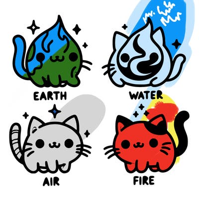 4 cats that represent the different elements, earth, water, air, and fire