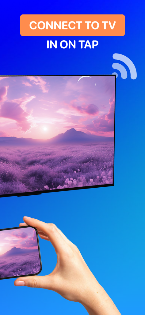 A person using a smartphone to mirror a high quality purple landscape image onto a large TV screen with one tap