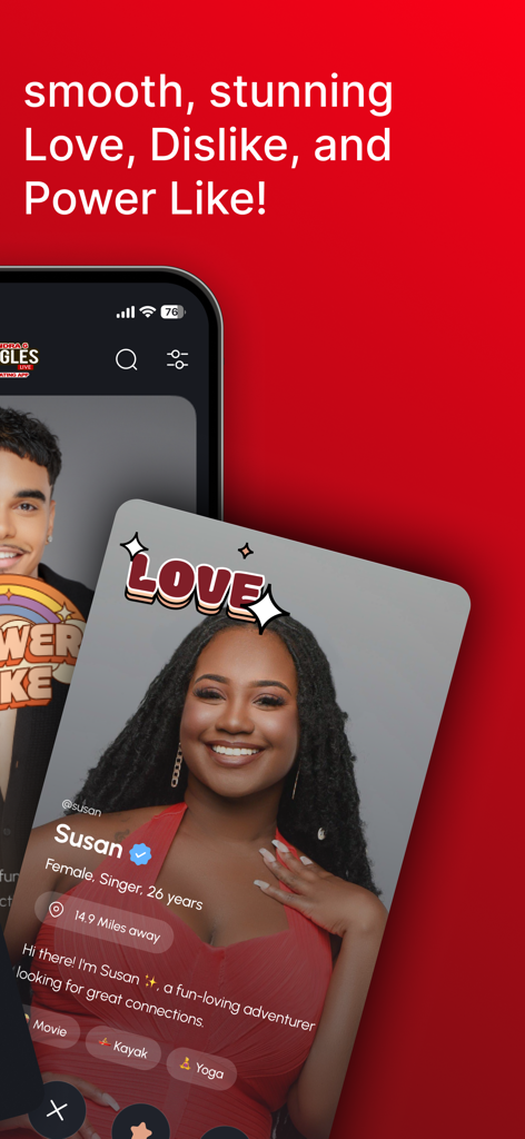 Kendra G Singles - A user profile on the Kendra G Singles dating app with buttons for liking and disliking.