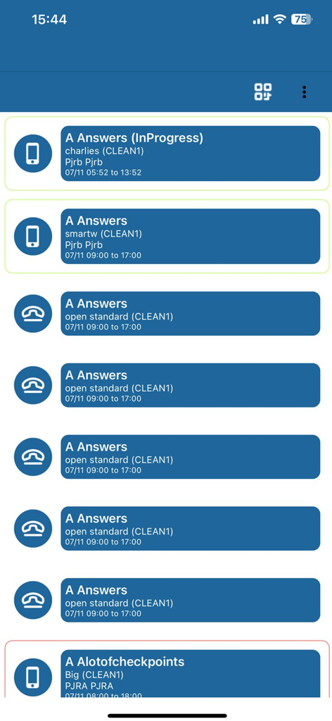 SmartTask Engage - SmartTask Engage mobile app interface displaying a list of scheduled workforce management tasks and activity statuses