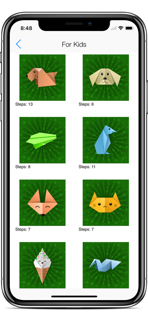 Origami Creator: Fold & Learn - Origami app screen showing various paper folding projects for kids