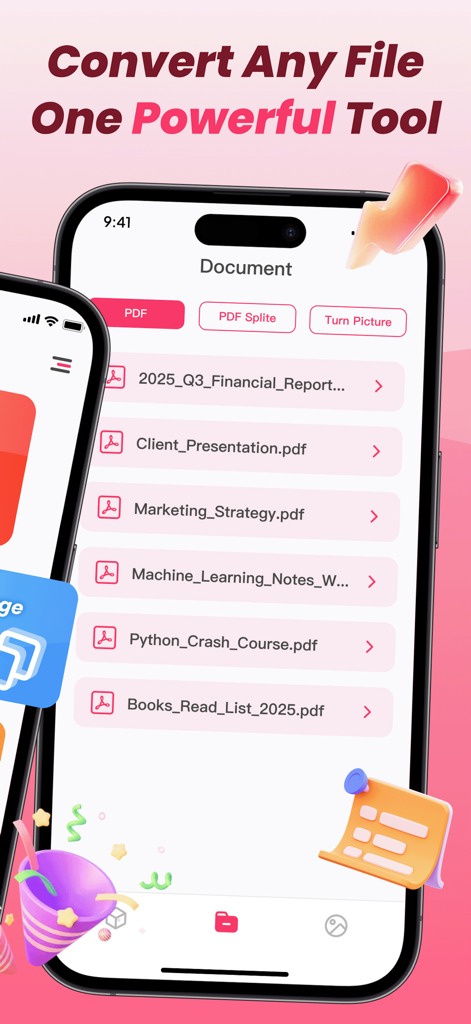 PDF Editor Reader - Ein Smartphone-Bildschirm, der die Dokumentenliste und die Konvertierungsoptionen der PDF Editor Reader App anzeigt.