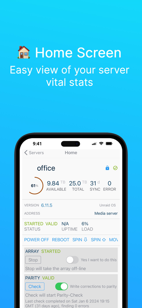 ControlR app home screen displaying Unraid server stats like storage usage, array status, and parity check details.