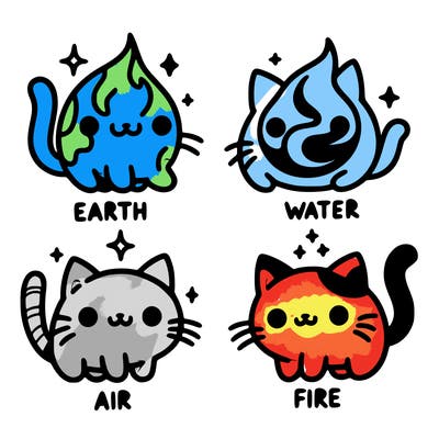 4 cats that represent the different elements, earth, water, air, and fire