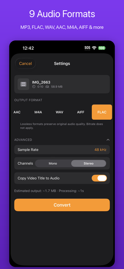 LudyVAC - Video to Audio - Interface de l'application LudyVAC montrant les paramètres de conversion vidéo en audio avec plusieurs options de format comme FLAC et WAV