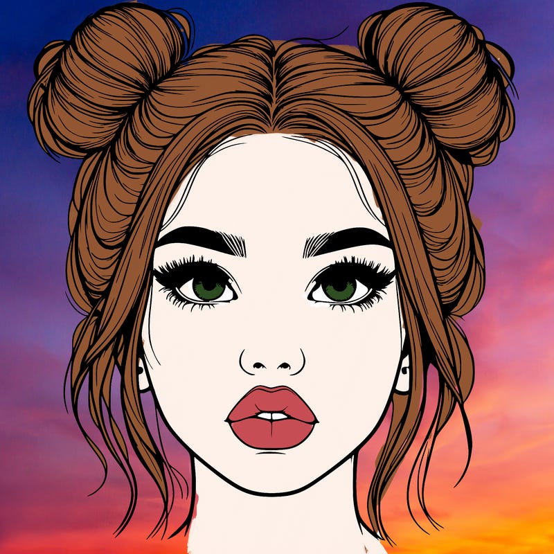 realistic girl with two buns on her hair and lips