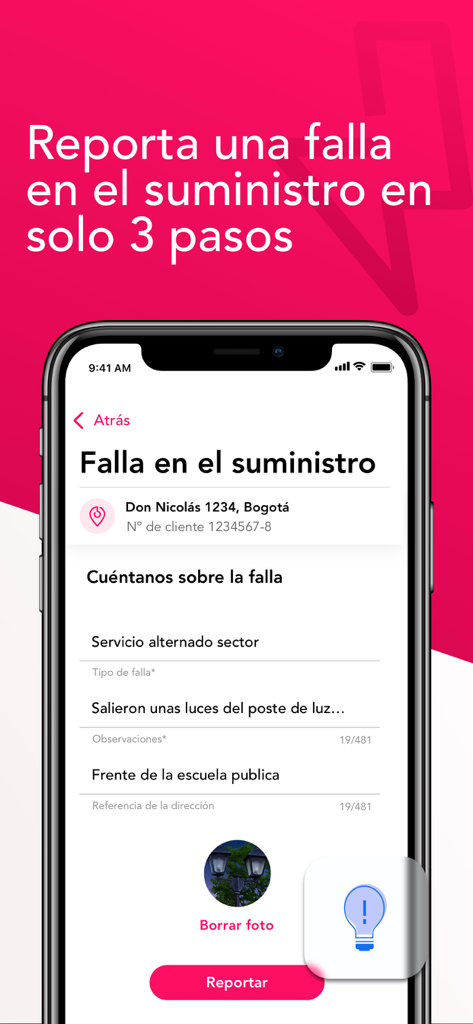 Enel Clientes Colombia - Interfaz de la aplicación Enel Clientes Colombia que muestra el formulario para informar una falla del servicio eléctrico en 3 pasos