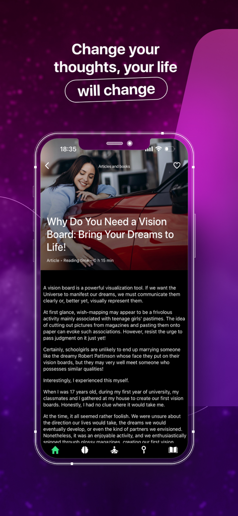 Mind Power: Guided Meditations - Pantalla de la aplicación Mind Power mostrando un artículo sobre la creación de tableros de visión para manifestar sueños y objetivos