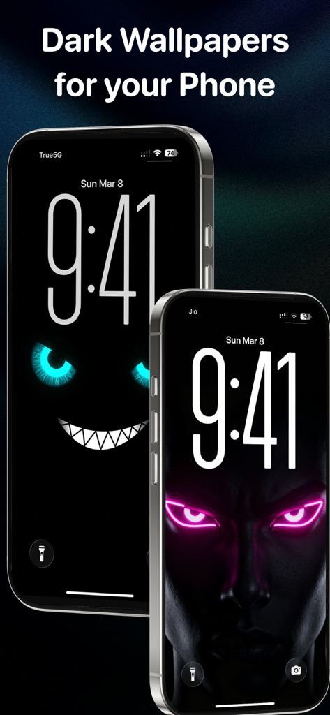 Silly Smiles Live Wallpaper 26 - 빛나는 눈과 재미있는 웃음이 있는 어두운 AMOLED 배경화면을 표시하는 두 개의 아이폰