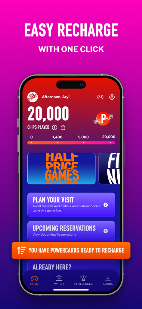 Dave und Busters Rewards App-Startbildschirm mit Chipguthaben und einfacher Aufladefunktion