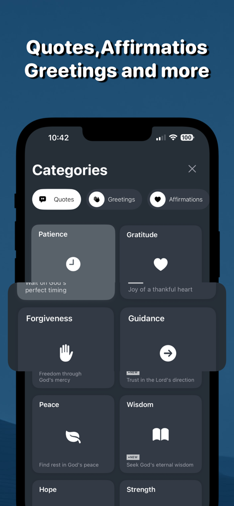 Bible Quotes ai: Verse Widget - Interface of Bible Quotes app showing categories for spiritual inspiration