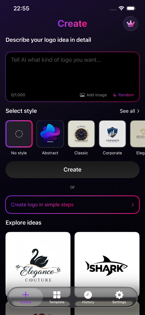 Logo Maker - AI Design - AI logo maker app interface for describing logo ideas and selecting design styles.