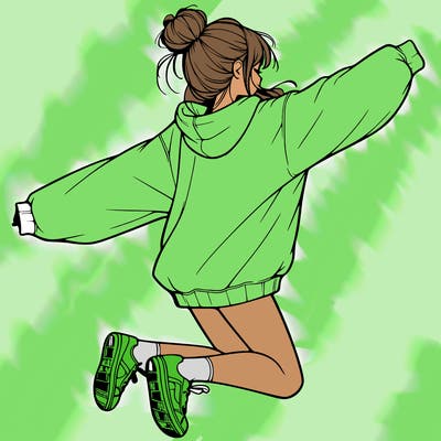 realistic girl jumping with a bun and oversized sweatshirt