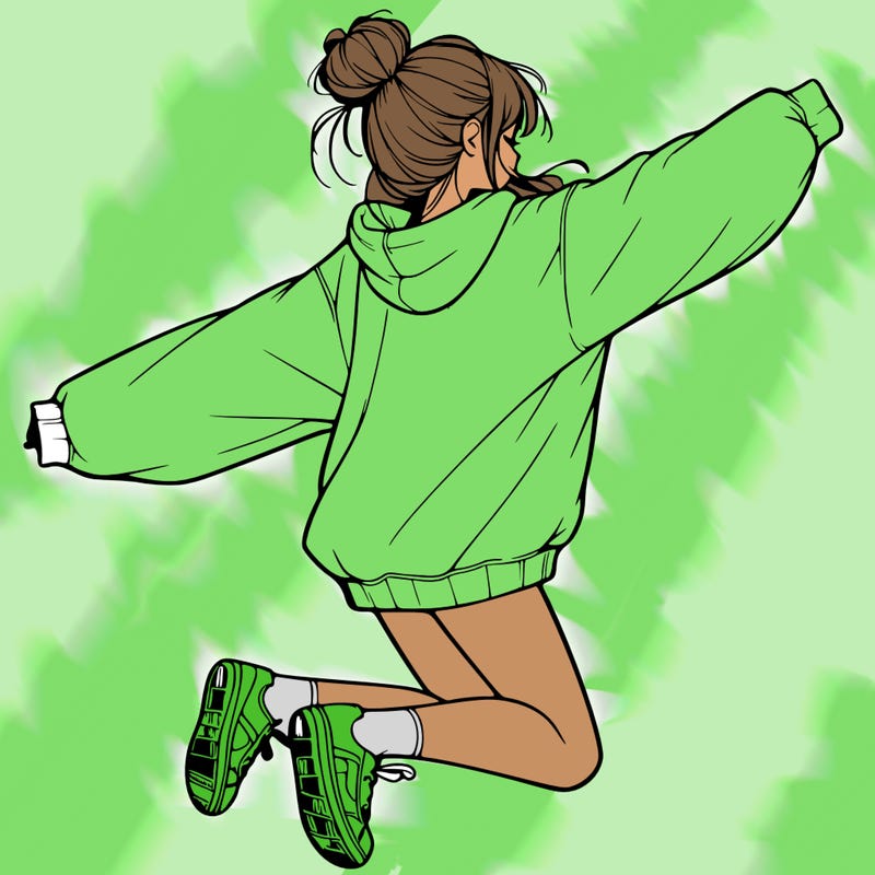 realistic girl jumping with a bun and oversized sweatshirt