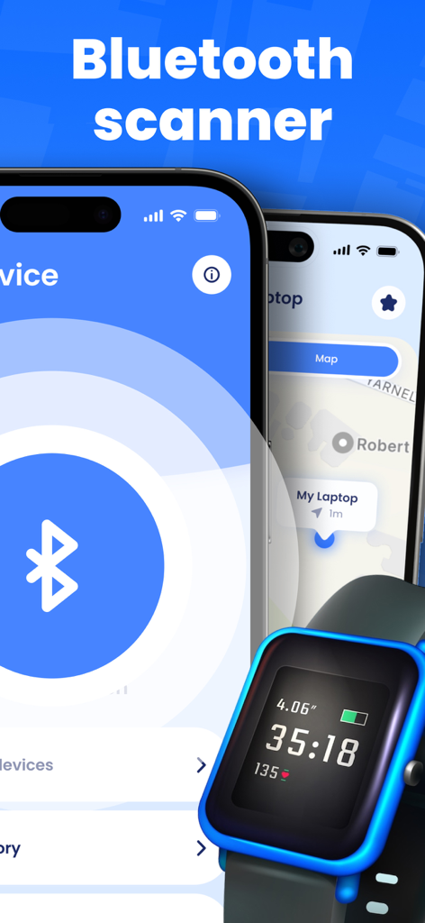 Air Tracker, Device Finder App - Smartphone screen showing the Bluetooth scanner feature and a map for locating lost devices like laptops and watches.
