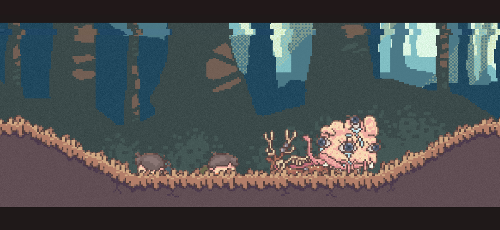 Two boys encountering a mysterious multi-eyed creature in a pixel art forest scene.