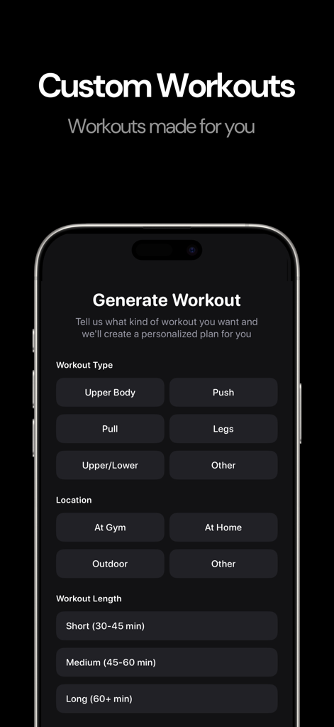 FormCheck AI mobile app screen showing options to generate a personalized workout plan by type location and length