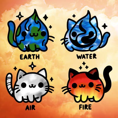 4 cats that represent the different elements, earth, water, air, and fire