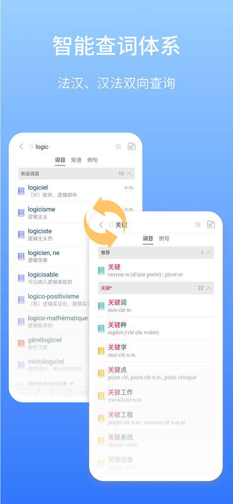 양방향 불한 및 한불 사전 검색 기능을 보여주는 FLTRP 프랑스어 앱 인터페이스