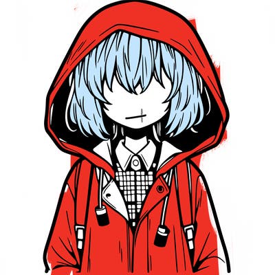 little anime girl in a raincoat her hair is covering her eyes she has a lighter