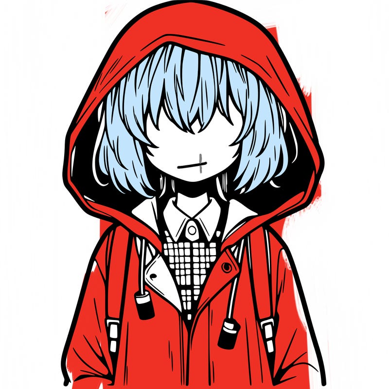 little anime girl in a raincoat her hair is covering her eyes she has a lighter