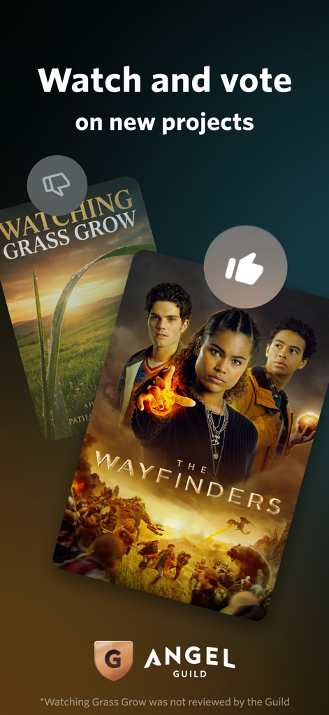 Angel Guild voting interface where users can watch and vote on new projects like The Wayfinders using thumbs up and down icons